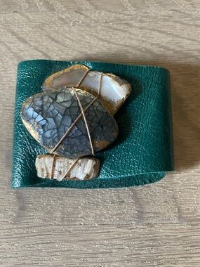 Shalla Wista Studio Green Leather Cuff Jasper Stone Bracelet